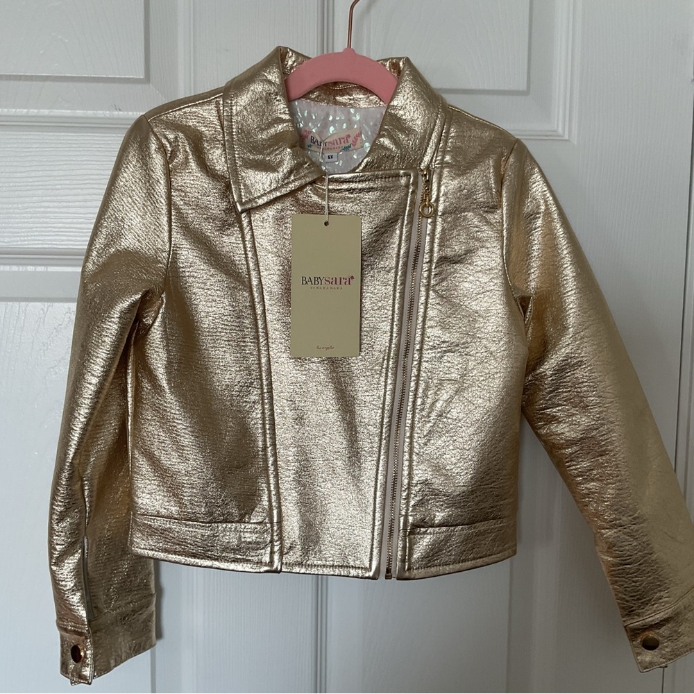 Baby Sara Gold Faux Leather Jacket with Pink  Butterfly on Back NWT size 6X